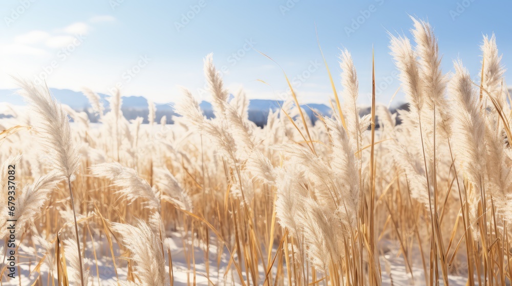 Fototapeta premium winter serenity: Tall dried crops under the snow.