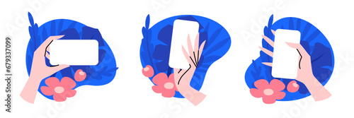 Cute cartoon hand holding mobile smart phone with blank white screen on a background of plants and flowers. Vector illustration of modern mockup
