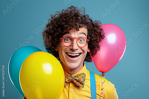 Homme  souriant ridicule avec  des lunettes et des ballons © Concept Photo Studio