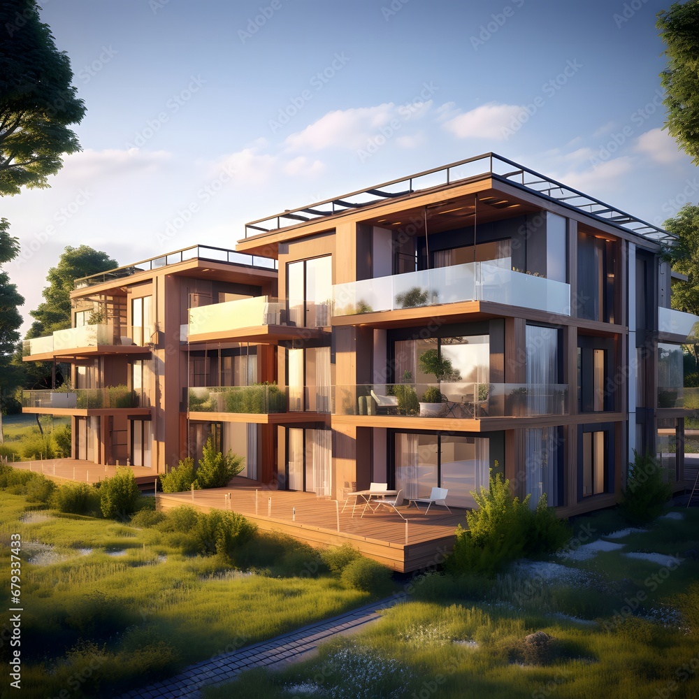 Modern eco-friendly multifamily homes with photovoltaic cells.