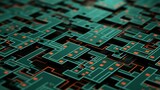 Intricate Circuitry Maze in Emerald and Orange on a Dark Electronic Background