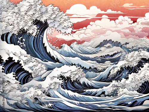 Japan swirl wave ocean painting illustration. tsunami drawing, Japanese asia and oriental traditional line art design.