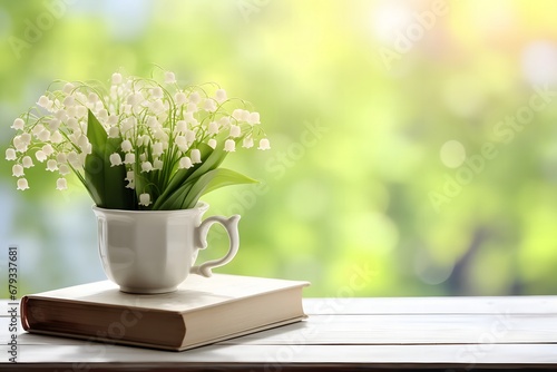  Lily of the valley in cup and books on white table, green natural background. 