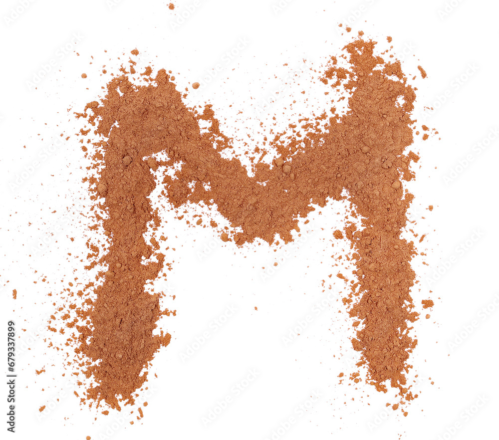 Cocoa powder alphabet letter M, symbol isolated on white, clipping path - obrazy, fototapety, plakaty 