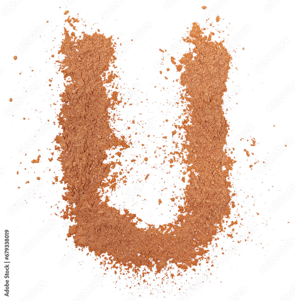 Cocoa powder alphabet letter U, symbol isolated on white, clipping path Cocoa powder alphabet letter U, symbol isolated on white, clipping path