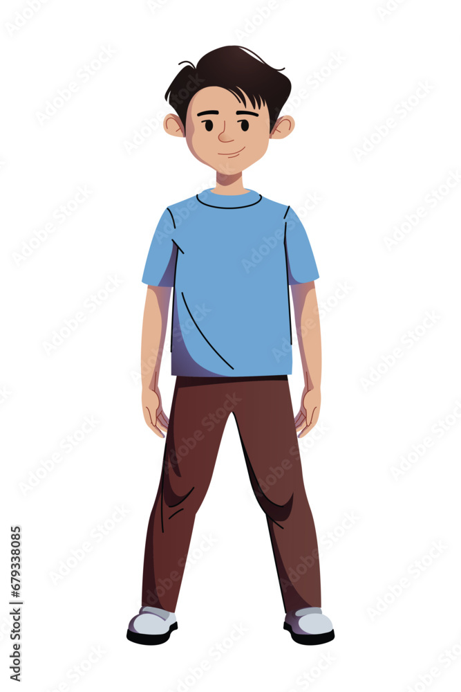 Cartoon schoolboy character. Standing self-confident pupil boy. Vector illustration of a friendly little boy avatar..