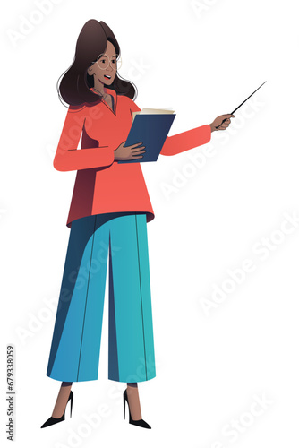 Elegant speaker woman giving presentation or lecture. African businesswoman or teacher pointing at smth with a pointer. Concept of presentation, or showing business report. Flat vector illustration.