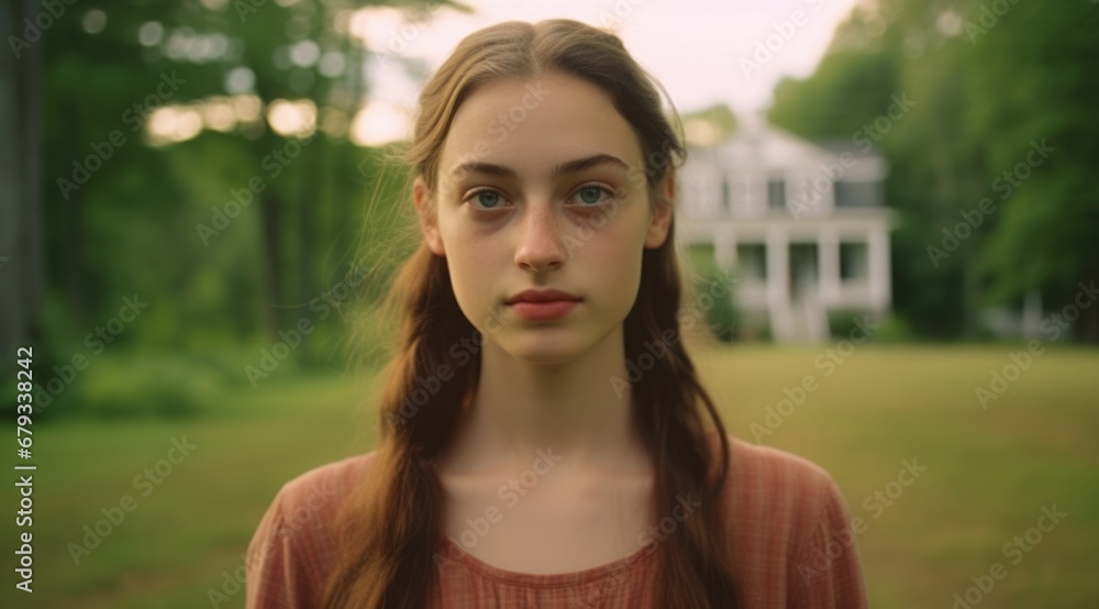 A young woman with long hair in front of a house, exuding a sense of serenity and beauty. Generative AI. A young woman with long hair in front of a house, exuding a sense of serenity and beauty. Generative AI.