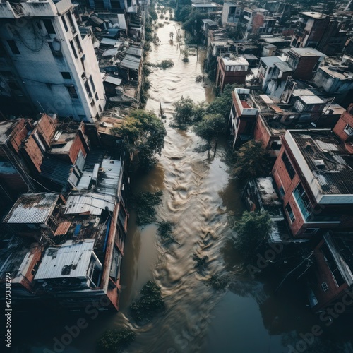 Aerial View of City Flooding flooded streets, submerged buildings, urban landscape, disaster aftermath, emergency situation, environmental issue climate change effects, disaster response