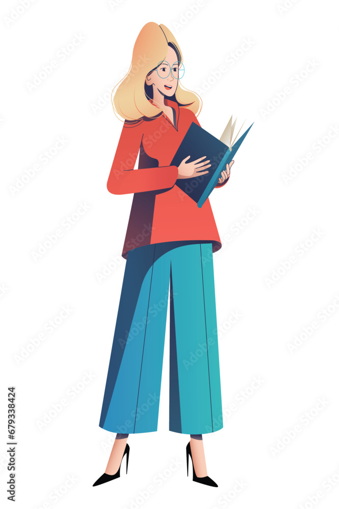 Elegant speaker woman. Stylish businesswoman or teacher lecturer holding a folder with documents and speaking. Woman character flat vector illustration for web design and presentations. Elegant speaker woman. Stylish businesswoman or teacher lecturer holding a folder with documents and speaking. Woman character flat vector illustration for web design and presentations.