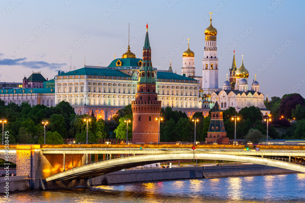 Moscow Kremlin panorama with towers, palaces and cathedrals at sunset, Russia