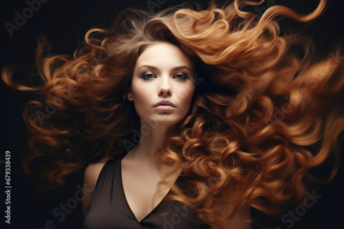 Portrait of Beautiful Woman with Long Curly Red Wavy Hair Flying in the Wind