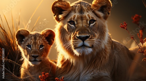 A courageous lioness protecting her cubs AI generated illustration