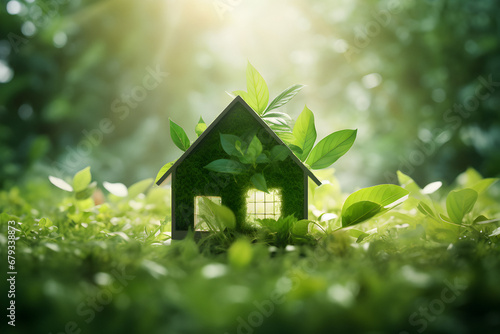green plants, energy concept, Toy model, Green Environment, eco private house, spring grass photo