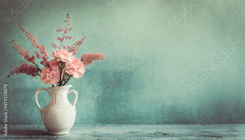 pink flower bouquet on vintage table; widescreen wallpaper / background with text space photo