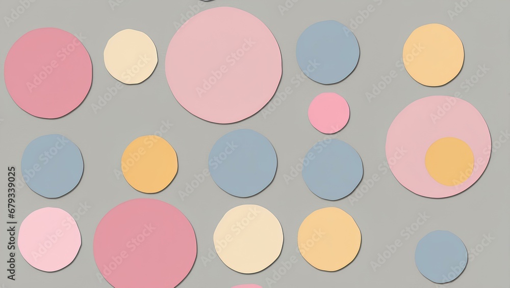 Minimalist circles in pastel pink, blue, and yellow on a gray background. Generative AI