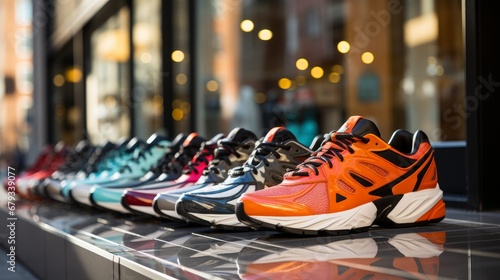 Assortment of mens running shoes in a shop window AI generated illustration