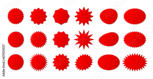 A large set of red price tags with a sale on a white background. Special offer or discount labels when buying. Retail paper stickers. Vector EPS10.