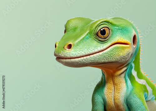 Green gecko-like lizard isolated on a pastel green background. Green palette. Vibrant colors. Colorful. Cute. Funny. Generative AI