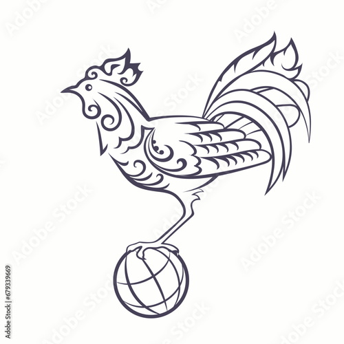 Black and white vector illustration. The rooster holds the globe in its claws