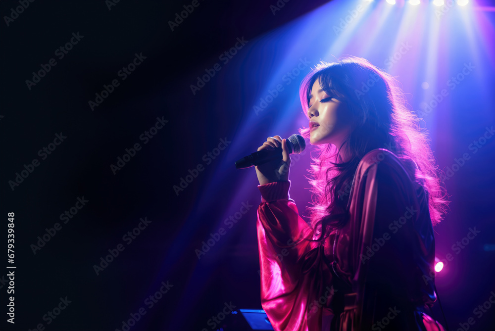 Beautiful Korean K-pop female singer singing romantic ballad music on live stage while holding microphone in retro pink and blue light with copy space - obrazy, fototapety, plakaty 
