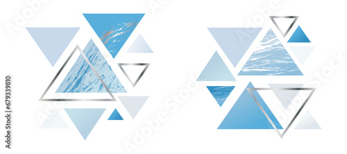 Abstract geometric print, composition with blue and silver triangles, snow print, winter print, merry christmas, happy new year, vector