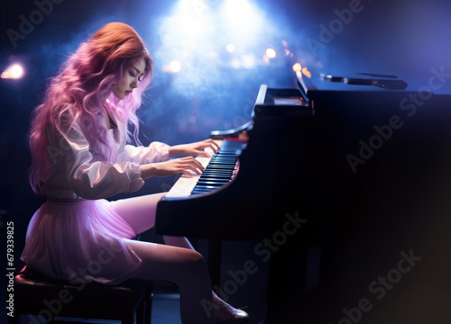Korean K-pop female pianist performing music on live stage in retro pink and blue light with copy space, asian girl playing piano, side view in fairy dress
