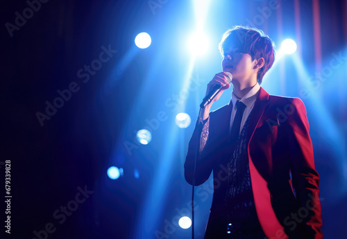 Korean K-pop elegant young male singer boy performing music on live stage while holding microphone in blue spotlight with copy space