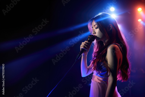 Beautiful Korean K-pop female singer singing romantic ballad music on live stage while holding microphone in spotlight ray with copy space