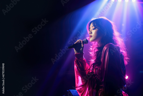 Beautiful Korean K-pop female singer singing romantic ballad music on live stage while holding microphone in retro pink and blue light with copy space photo