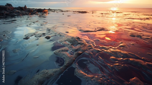 Spilled oil slick in the sea. Environmental pollution. photo
