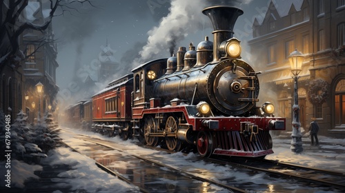 Christmas decorated train winter background AI generated illustration photo