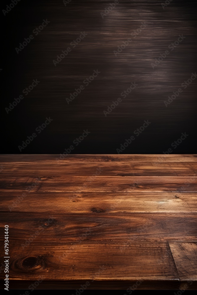 Close up of top Wooden table in dark wall background AI generated illustration Close up of top Wooden table in dark wall background AI generated illustration