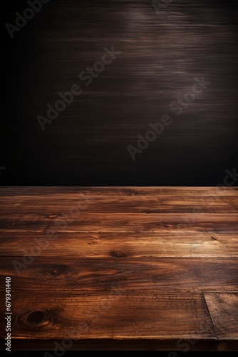 Close up of top Wooden table in dark wall background AI generated illustration