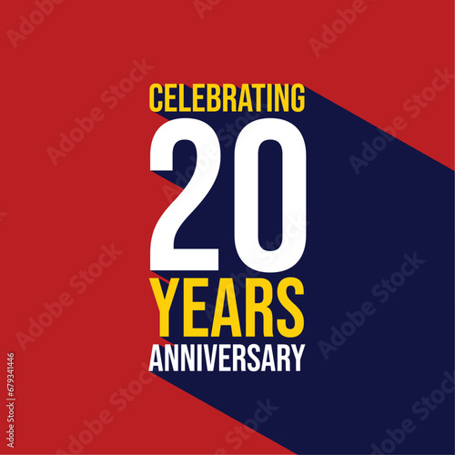 Celebrating 20 years anniversary template design with a long shadow on red background. 20th anniversary celebration event poster, invitation card, greeting card, banner, flyer, birthday wishing text.