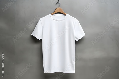 Blank White T-Shirt Mock-up on wooden hanger, front and rear side view.