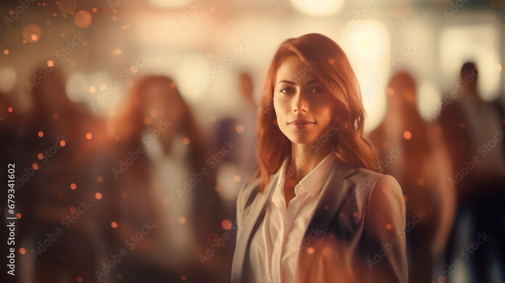 Beautiful boss businesswoman Isolated in an office meeting on blurred flare bokeh abstract background