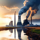  Power plant with smoking chimneys on a background of blue sky.Factories release CO2 into the atmosphere.Concept of carbon trading market.Atmospheric pollution,air pollution concept. 