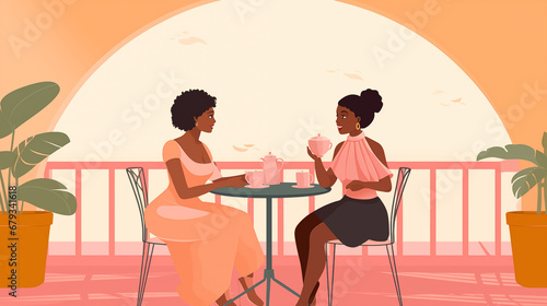 Friendly Catch-Up Over Coffee. An illustration of two women enjoying a conversation over coffee at a quaint cafe, with a warm sunset backdrop and lush indoor plants adding to the serene ambiance.