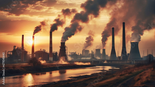  Power plant with smoking chimneys on a background of blue sky.Factories release CO2 into the atmosphere.Concept of carbon trading market.Atmospheric pollution,air pollution concept.  photo