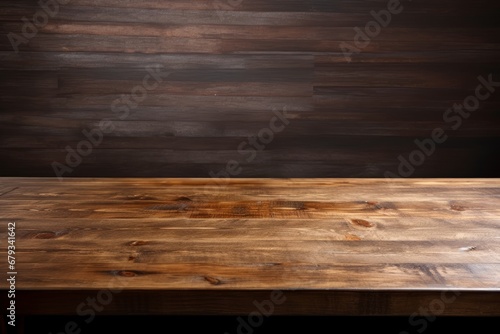 Close up of top Wooden table in dark wall background AI generated illustration