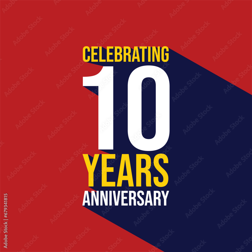 Celebrating 10 years anniversary template design with a long shadow on red background. 10th anniversary celebration event poster, invitation card, greeting card, banner, flyer, birthday wishing text. - obrazy, fototapety, plakaty 