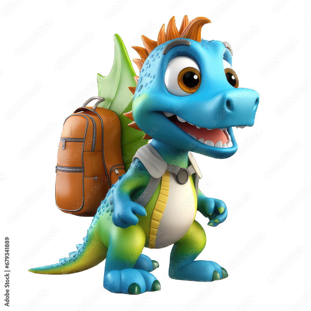 Fototapeta premium Cute cartoon dinosaur with school bag png transparent background