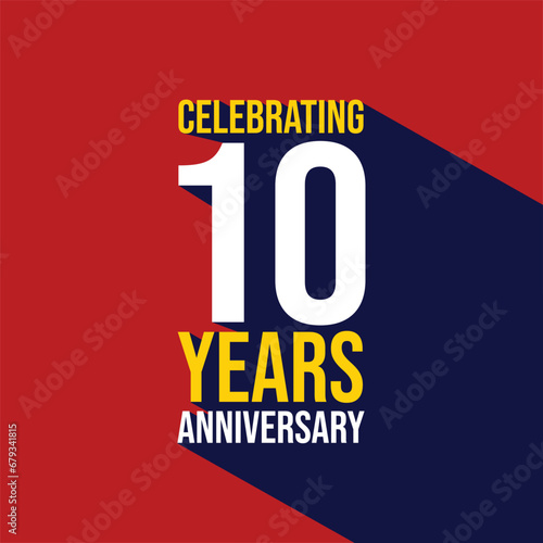 Celebrating 10 years anniversary template design with a long shadow on red background. 10th anniversary celebration event poster, invitation card, greeting card, banner, flyer, birthday wishing text. photo