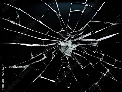 Shattered Reflection: A Close-Up of a Glass Crack on a Black Background photo