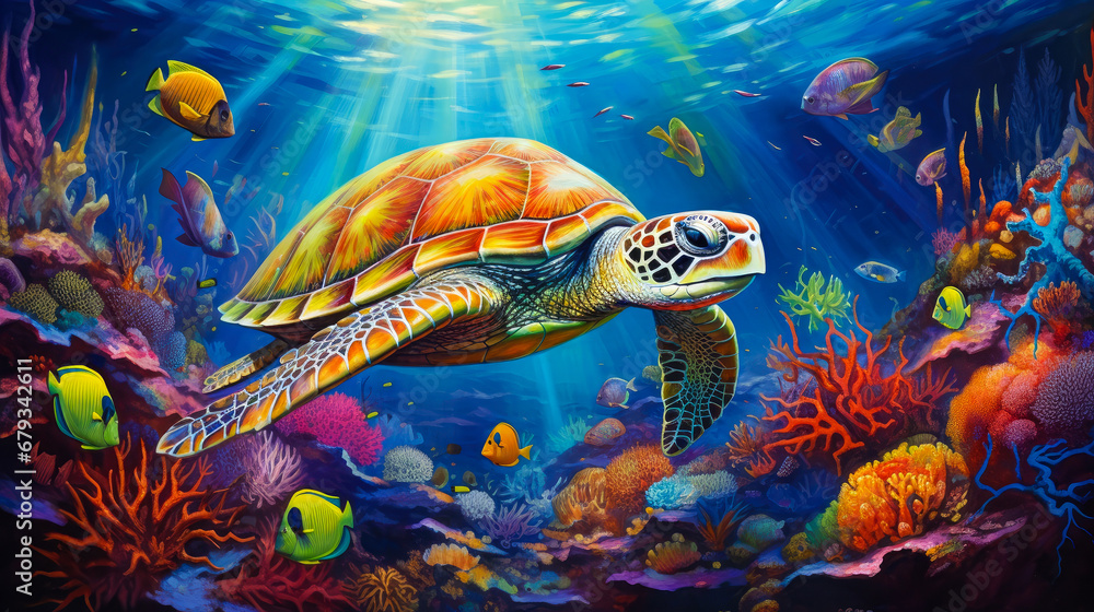 Turtle and coral reef in the Sea Turtle and coral reef in the Sea