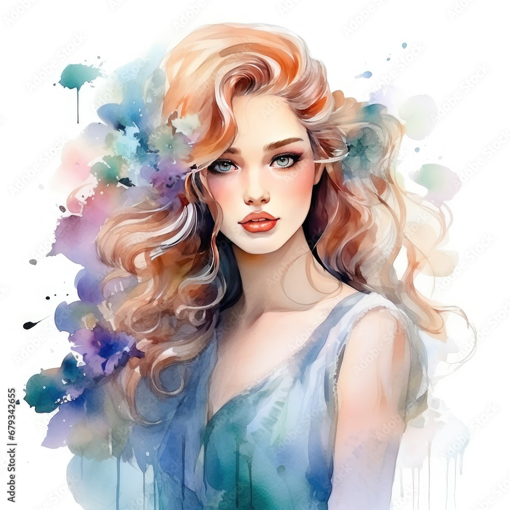 Captivating Watercolor Portrait of a Beautiful Girl Emphasizing Cosmetology and a Stunning Body