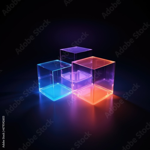 "Vibrant Neon Cubes in Orange, Blue, and Purple: A Playful and Colorful Display" (85 characters)