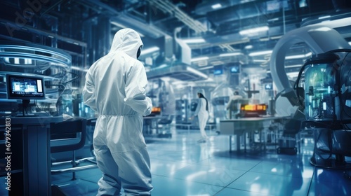 Engineers in sterile suits in a technologically advanced factory/lab