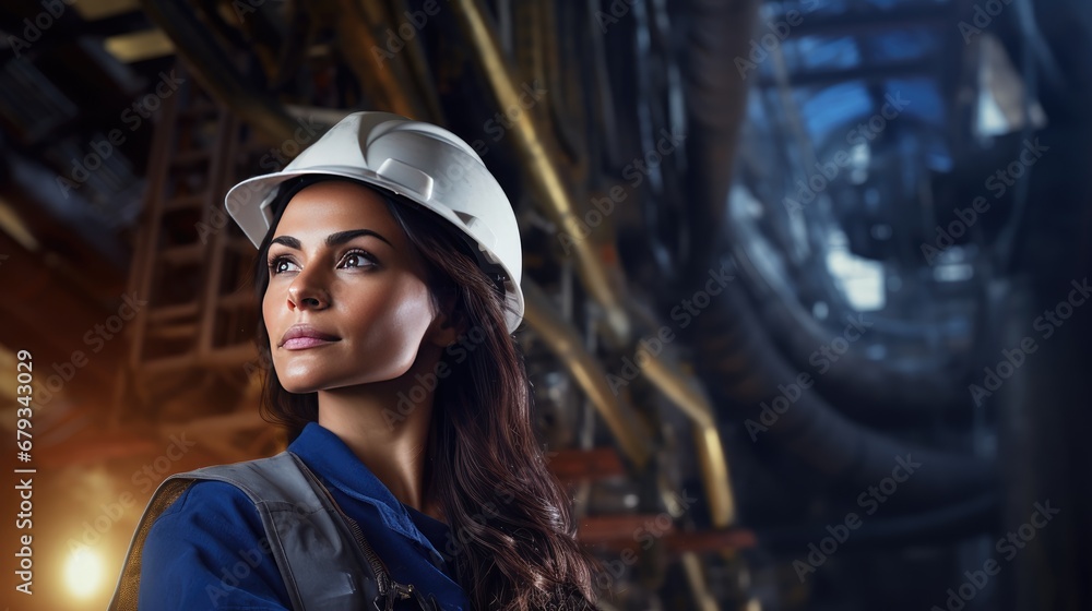 Beautiful Latina engineer at work, ensuring safety